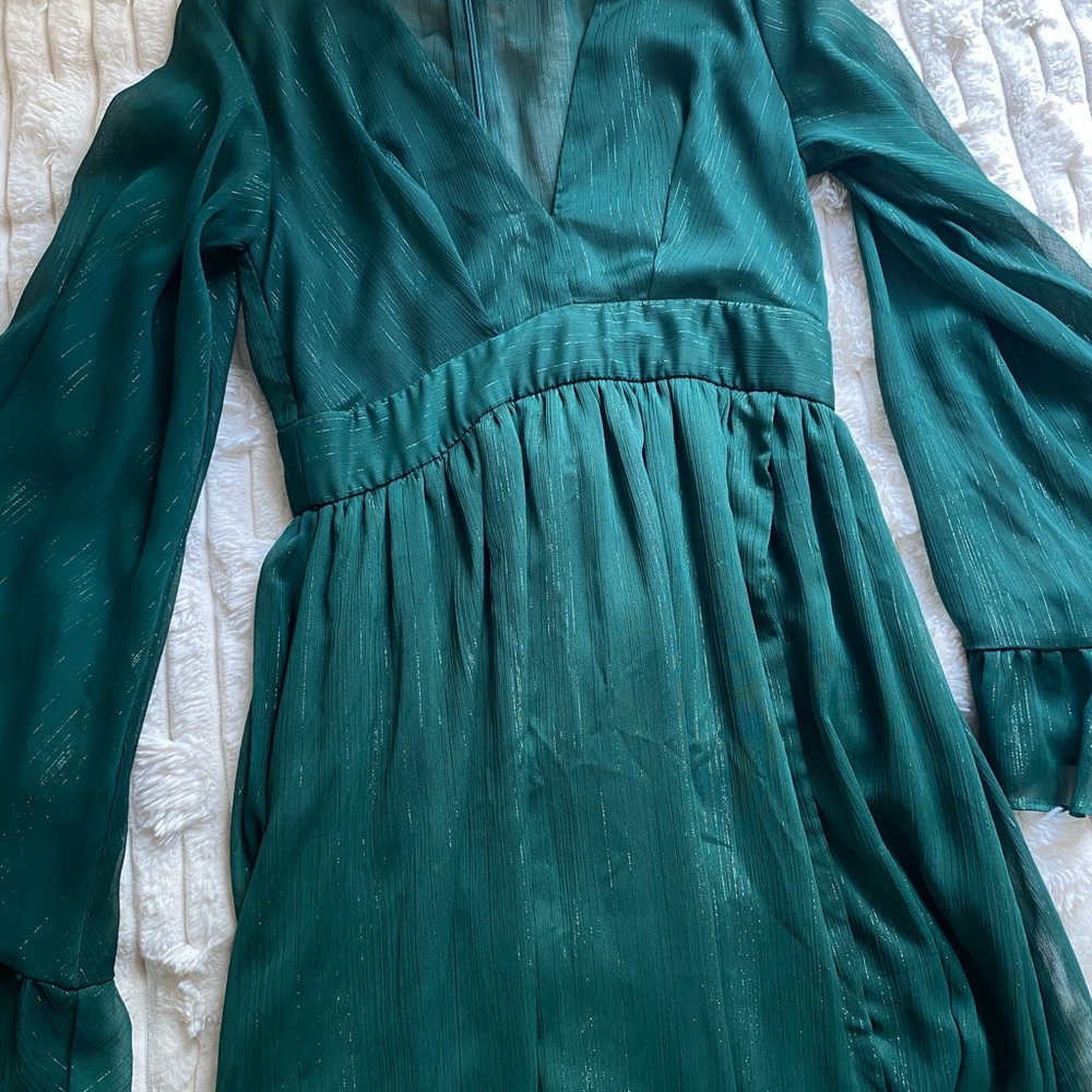 Limelight Green Ruched Plunge long dress with Bishop Sleeves